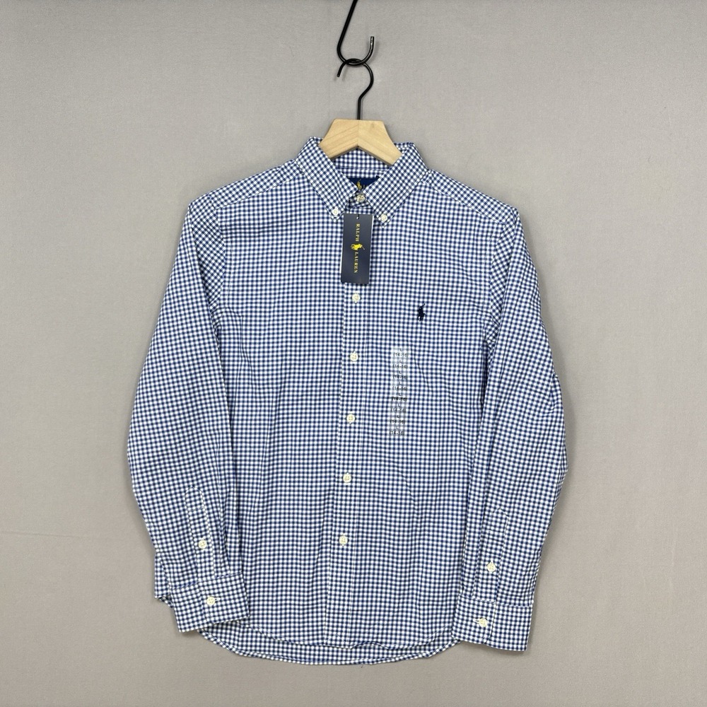 NWT Ralph Lauren Boys Plaid Long Sleeve Button-Up Shirt L 14-16 Blue White
